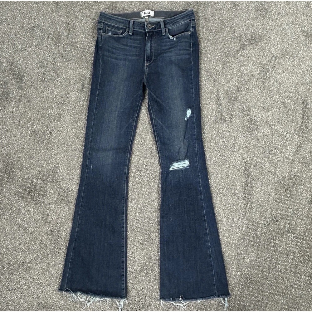 PAIGE Dark Indigo High-Rise Flare Jeans with Distressed Knees